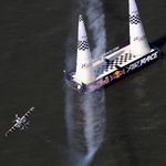 Paul Bonhomme of Great Britain in action on the Hudson River during the Red Bull Air Race New York Training Day today.